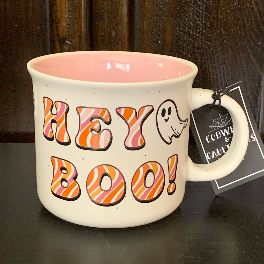 Hey Boo! Ghost Halloween Mug - White with Pink Interior Cobwebs & Cauldrons